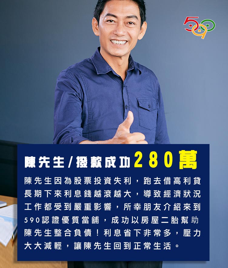 590當舖借款案例2,陳先生撥款成功280萬陳先生因為股票投資失利,因跑去借 高利貸,長期下來,利息